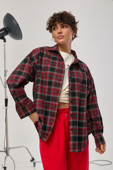 Картата сорочка з подовженою спинкою - червоний цвет, M (є розміри)