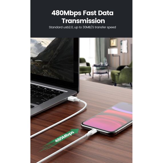 Дата кабель USB 2.0 AM to Lightning 2.0m US155 2.4A, Nickel Plating ABS Shell White Ugreen (20730) | Зображення 3