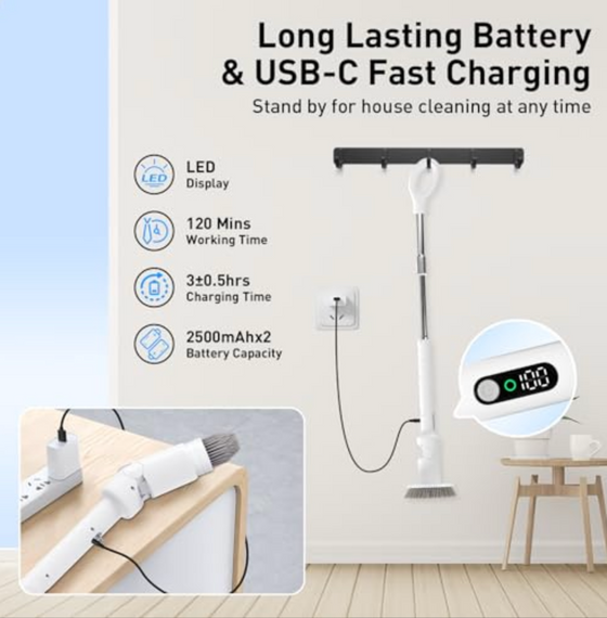 Щітка для миття електрична обертова, бездротова щітка для миття підлоги, плитки, стелі, ванної та ін. | Зображення 3