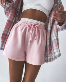 Жіночі короткі шорти трикотажні з подвійним поясом колір рожевий розмір 48/52 PP027