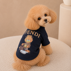 Брендовая футболка для собак FENDI с рыжим котом с сумкой, черная