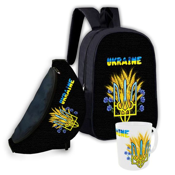 Набір дитячий тризуб Україна рюкзак 36х27см сумка-бананка, кружка з принтом для хлопчика (01644)