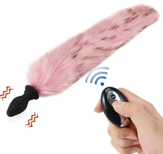 Анальна пробка, що вібрує, з лисячим хвостом рожевого кольору (розмір M, USB)