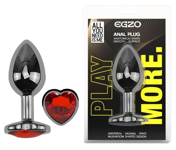 Анальна пробка з кристалом EGZO - Dark Silver Heart Plug Red size S Sex Aura