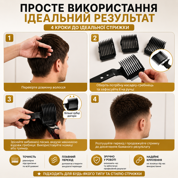 Професійний набір гребінців 4-в-1 Blend Friend для фейду та тушування волосся (чорний). Знімний перукарський гребінець-насадка | Зображення 3