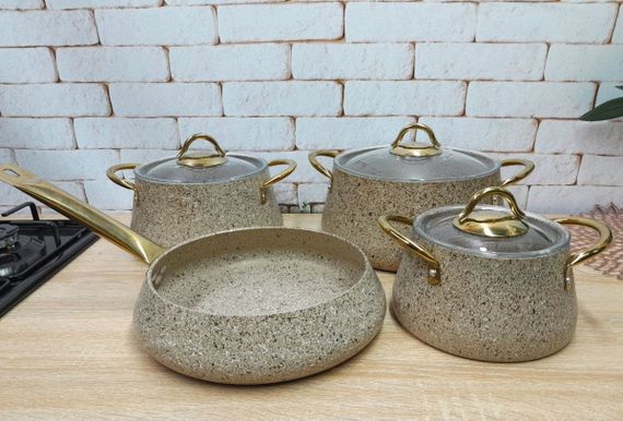 Набор посуды кастрюль премиум класса O.M.S. Collection 3041 с гранитно-мраморным покрытием Песочный (Турция) | Зображення 2