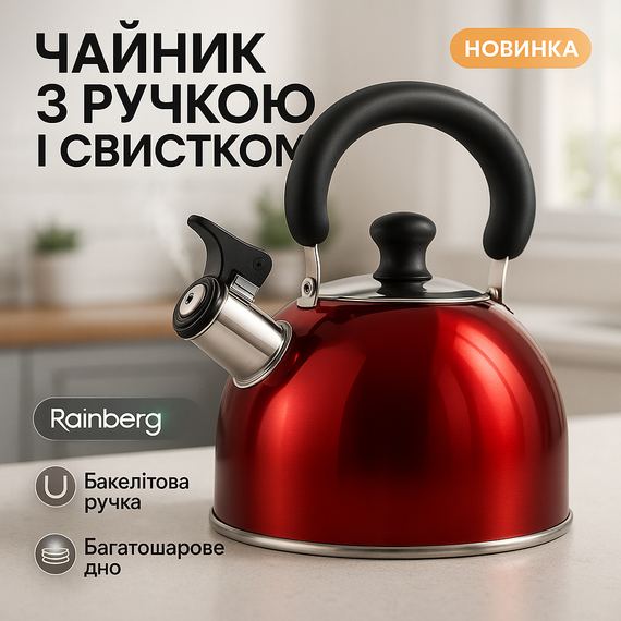 Металевий чайник зі свистком з нержавіючої сталі Rainberg, Чайник для плити з гучним свистком CG-63