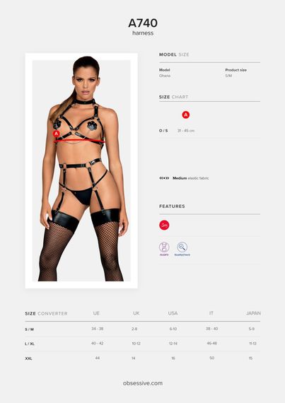 Портупея на груди Obsessive A740 harness black O/S, штучна шкіра | Зображення 4