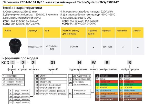 Перемикач KCD1-8-101 B/B 1 клавіша чорний круглий Ny95500747 | Зображення 1