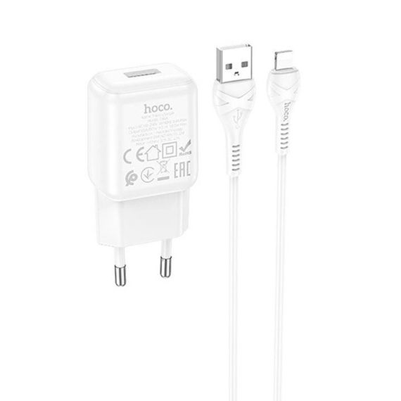Набір СЗУ 110-240V HOCO C96A+ кабель Lighting, 1xUSB, 2.1A, кабель 1м, White