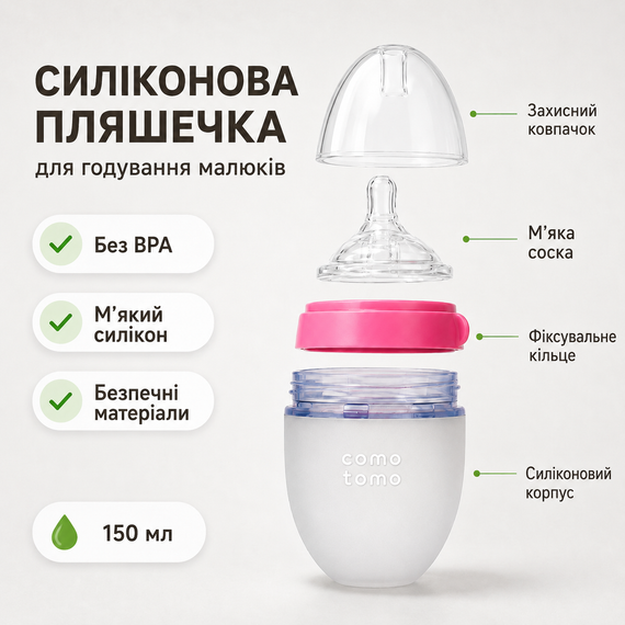 Антиколиковая бутылочка для кормления Comotomo 150 мл, силиконовая бутылочка для младенцев 0–3 мес, розовая | Зображення 3