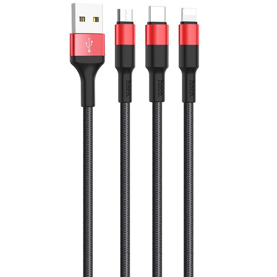 Дата кабель Hoco X26 Xpress 3in1 Lightning -MicroUSB-Type-C (1m) Чорний / Червоний | Зображення 1