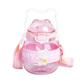 Бутылка для воды детская с трубочкой 580 мл с ручкой и ремешком Розовая HP-14-37P