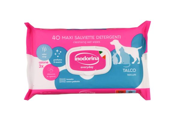 Вологі серветки для всіх типів шерсті котів, собак та кроликів Inodorina Everyday Talco з ніжним ароматом тальку, 40 шт
