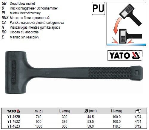 Молоток безинерционный YATO Польша жестянщика Ø=44,5 мм m=740 г l=300 мм YT-4620