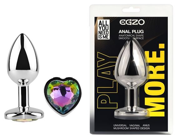 Анальна пробка з кристалом EGZO - Silver Heart Plug Rainbow size S Sex Aura