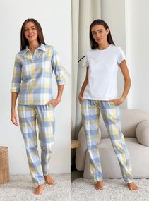 Домашній жіночий комплект COSY у клітинку трійка (сорочка+штани+футболка) жовто/сірий.