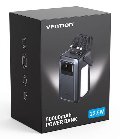 Повербанк Vention Power Bank 50000mAh 22.5W з вбудованими кабелями й ліхтарем | Зображення 1