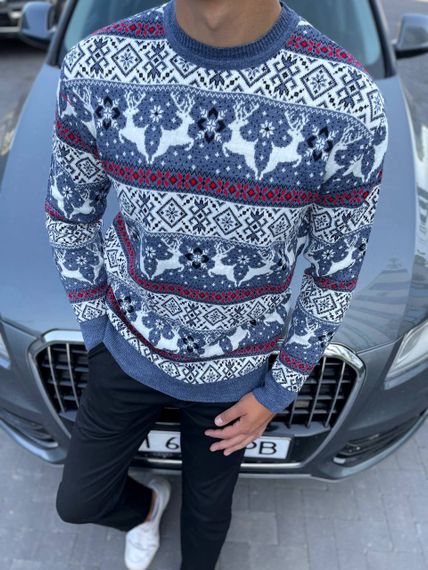 Мужской новогодний свитер с оленями низкий воротник PA2658 цвет голубой, размер L | Зображення 1