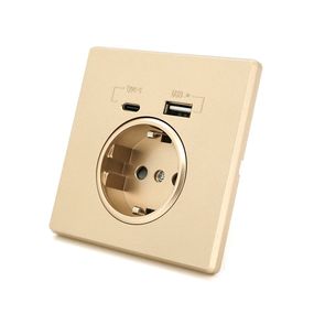 Розетка врезная с заземлением,Input: AC:110-250V/16A,Type-C/USB выходы,Gold