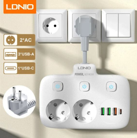 Мережевий фільтр LDNIO SE2435 подовжувач 2 розетки 3 USB 1 Type-C Білий | Зображення 2