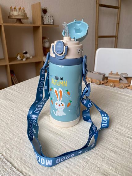 Термос дитячий для напоїв з трубочкою 450мл Блакитний + щіточка в подарунок | Зображення 4