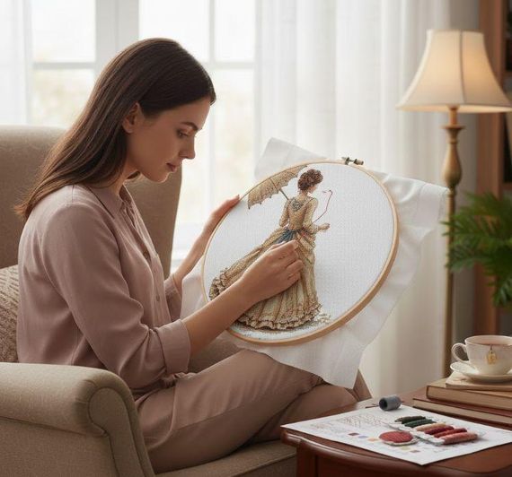 Набор для вышивки крестом ZUOANLF "Девушка у замка" 14CT, 40x40 см, канва Аида с нанесенным рисунком | Зображення 4