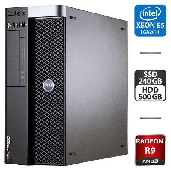 Робоча станція Б-клас Dell Precision T3610 Tower / Intel Xeon E5-2658 v2 (10 (20) ядер по 2.4 - 3.0 GHz) / 64 GB DDR3 / 240 GB SSD + 500 GB HDD / AMD Radeon R9 270X, 2 GB GDDR5, 256-bit / DVD-ROM б/в