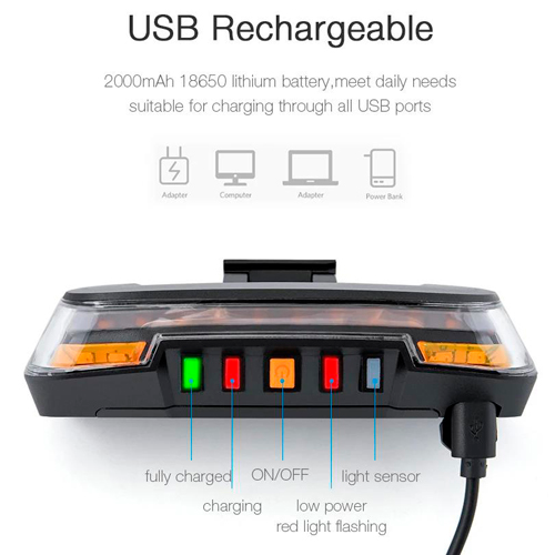Задній габаритний велоліхтар з поворотами 0118-A9, дистанційний пульт, ЗП Type-C, АКБ CR2032 | Зображення 1