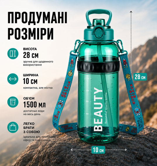 Спортивная бутылка для воды Beauty 1500 мл (1.5 л) с ручкой, трубочкой и ремнем - Зеленая | Зображення 2
