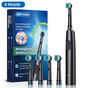 Перезаряжаемая электрическая зубная щетка с 4 сменными насадками, USB-перезарядка, таймер. Чёрная