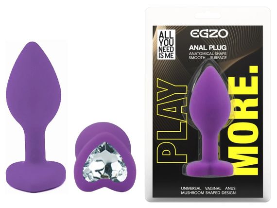 Анальний плаг EGZO Silicone Violet Heart Plug S, фіолетовий, з кристалом Sex Aura