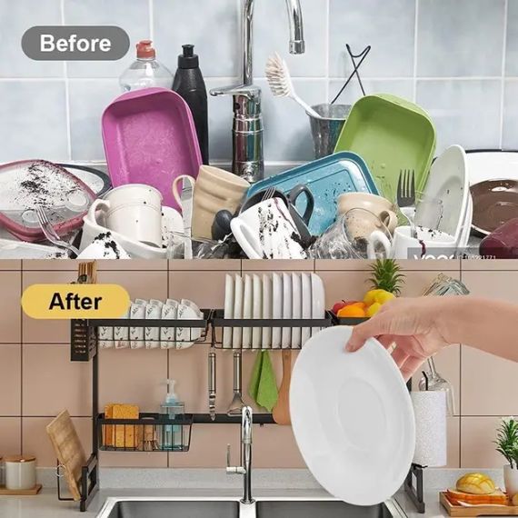 Многофункциональная Двухъярусная полка - органайзер JYH для сушки посуды над раковиной, черная 65 см | Зображення 3