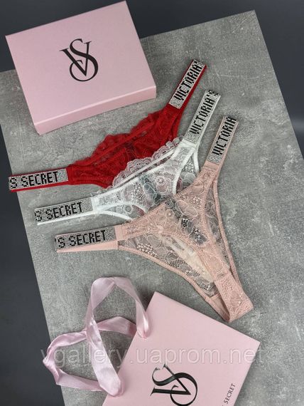 Комплект жіночки [ стрингів Victoria's Secret зі стразами — 3 шт. набір, трусики Вікторія Сікрет стринги мережива M