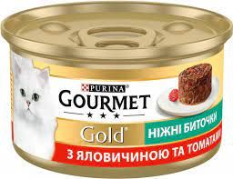 GOURMET® Gold (Гурме Голд). З яловичиною та томатами. «Ніжні биточки». Консервований порційний повнораціонний корм для дорослих котів 85 г