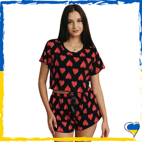 Жіноча піжама топ і шорти червона в сердечко S, M, L, XL