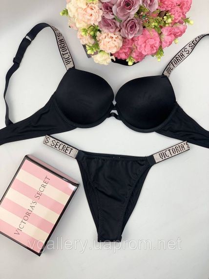 Комплект женского нижнего белья Victoria’s Secret Виктория Сикрет модель Rhinestone со стразами M, 75В, Черный