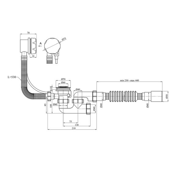 Сифон для ванни Agua BS05P 1 1/2"х40/50 мм напівавтоматичний, з переливом та ревізією | Зображення 1