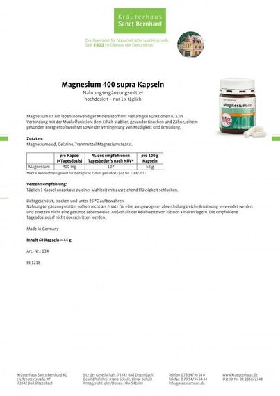 Вітаміни "Sanct Bernhard" Magnesium 400 mg. Магній 400 мг, 60 капсул, Німеччина | Зображення 2
