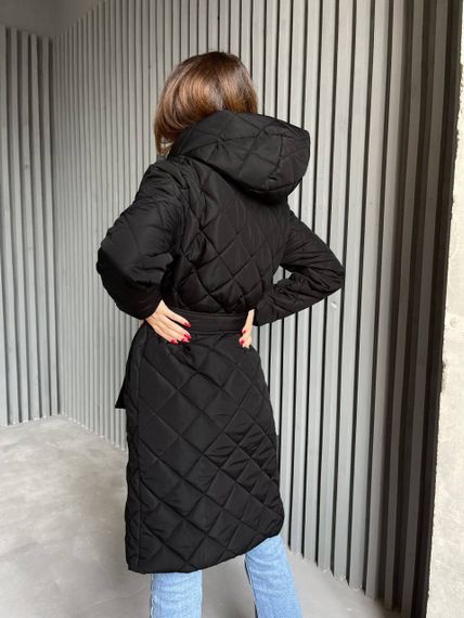 Женская длинная теплая куртка-пальто стеганая силикон 200, NA1044 цвет черный, размер 38/40 | Зображення 4
