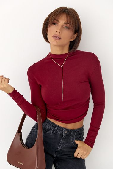 Жіноча однотонна водолазка з драпіруванням - бордо цвет, S (є розміри) | Зображення 4