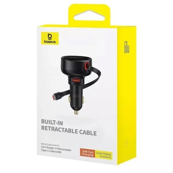 АЗП Baseus Enjoyment Pro PD60W+QC3.0 with retractable cable (1USB-A/1C) (C000578) Cluster Black | Зображення 1