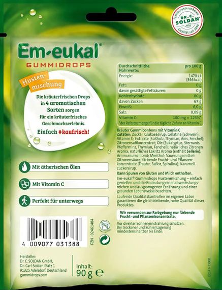 Em-eukal Gummidrops Hustenmischung – Леденцы от кашля с натуральными экстрактами и витамином C, 90 г, Германия | Зображення 1