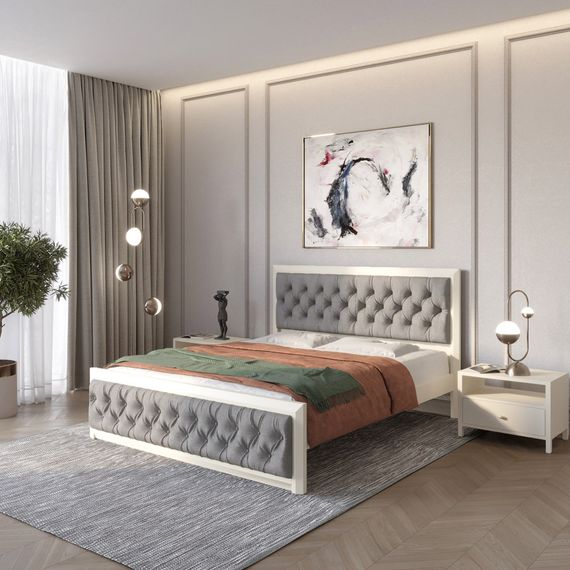 Односпальне дерев'яне ліжко Mebigrand Барселона Б3 Айворі (S0505Y30R)/Аляска 93 (Сірий) 90х190 см (MBG-13802)