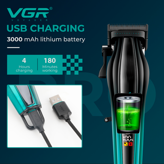 Аккумуляторная машинка для стрижки VGR V-273 GREEN, 6 насадок, 8000 RPM, 3000 mAh, LED дисплей | Зображення 8
