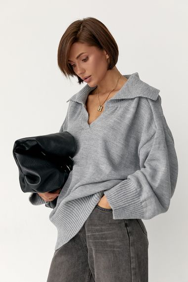 В'заний светр-поло вільного крою - сірий цвет, ONE SIZE (є розміри)