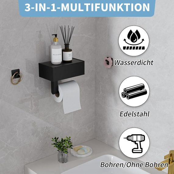 Держатель туалетной бумаги с полочкой для влажных салфеток, самоклеящийся черный матовый, современный с ящиком | Зображення 1