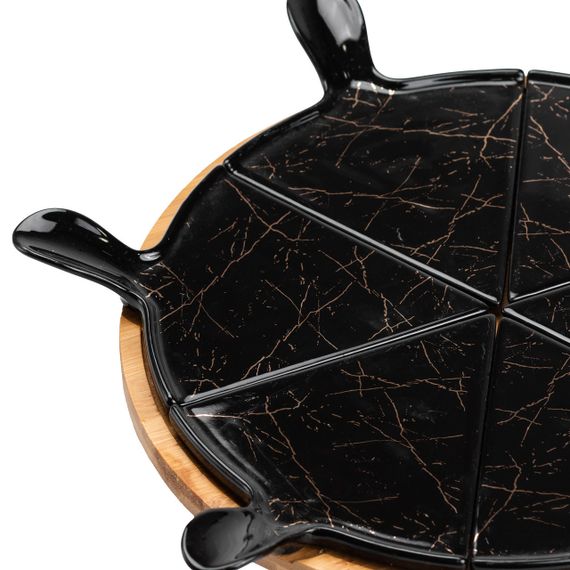 Тарелка для пиццы 28 см фарфоровая с бамбуковой вращающейся подставкой, секционная черная HP1247 | Зображення 6