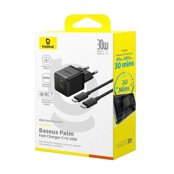 МЗП Baseus Palm Fast Charger 30W (1USB-A/1C) + кабель Type-C to Type-C (P1011160A) | Зображення 6