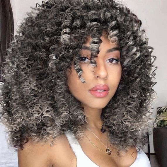 Перука кучерява афро сіра сива омбре з чубчиком, жіноча коротка синтетична термостійка, хвилясте волосся для Гелловіну | Зображення 4